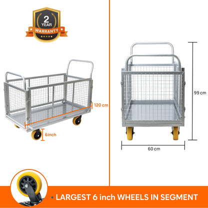 Metal Hand Platform Trolley/Truck with Cage | 2-Year Warranty | Portable & Compact Industrial Dolly Cart with 360° Rotating Wheels for Home, Office & Warehouse Use