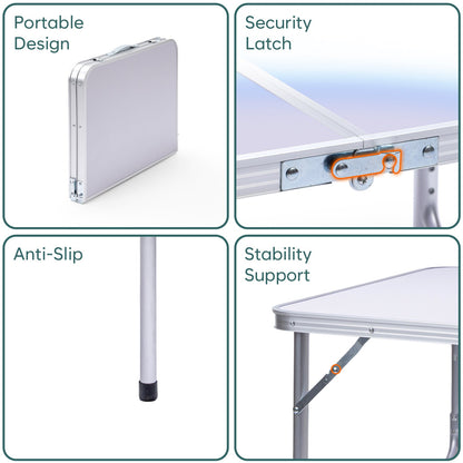 3 Feet Multipurpose Aluminium Folding Camping Table with Round Pipe Legs | Best for Balcony, Garden, Hiking, Picnic, Outdoor & Indoor Use (White)