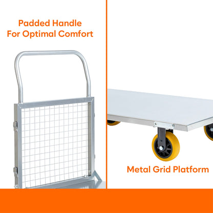 Metal Hand Platform Trolley/Truck with Cage | 2-Year Warranty | Portable & Compact Industrial Dolly Cart with 360° Rotating Wheels for Home, Office & Warehouse Use