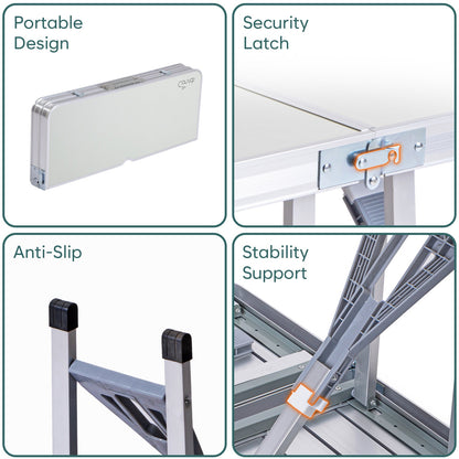 Folding All-in-One Aluminium Table & Chair Combo | Compact & Foldable Set for Camping, Picnic, Garden, Outdoor & Indoor Use (White)