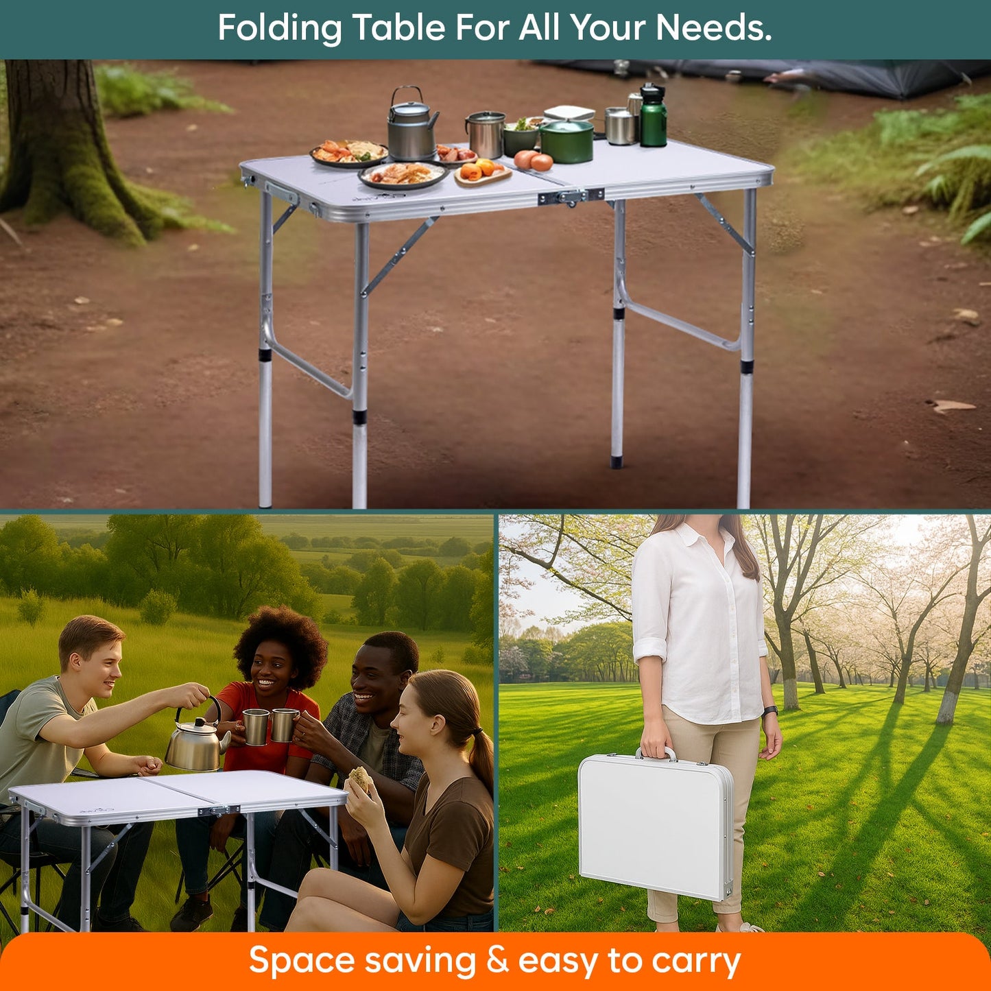 3 Feet Multipurpose Aluminium Folding Camping Table with Round Pipe Legs | Best for Balcony, Garden, Hiking, Picnic, Outdoor & Indoor Use (White)