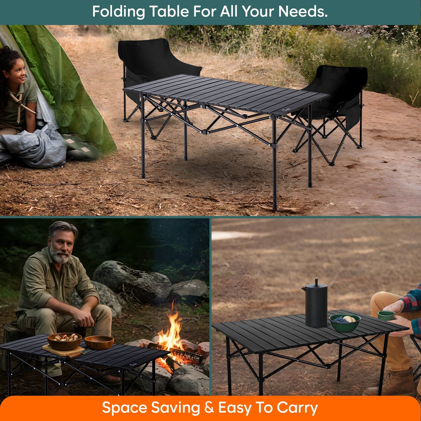 Multipurpose Folding Camping Table with Roll-up Tabletop | Compact & Portable | Best for Hiking, Picnic, Garden, BBQ & Outdoor Use (Black, Large)