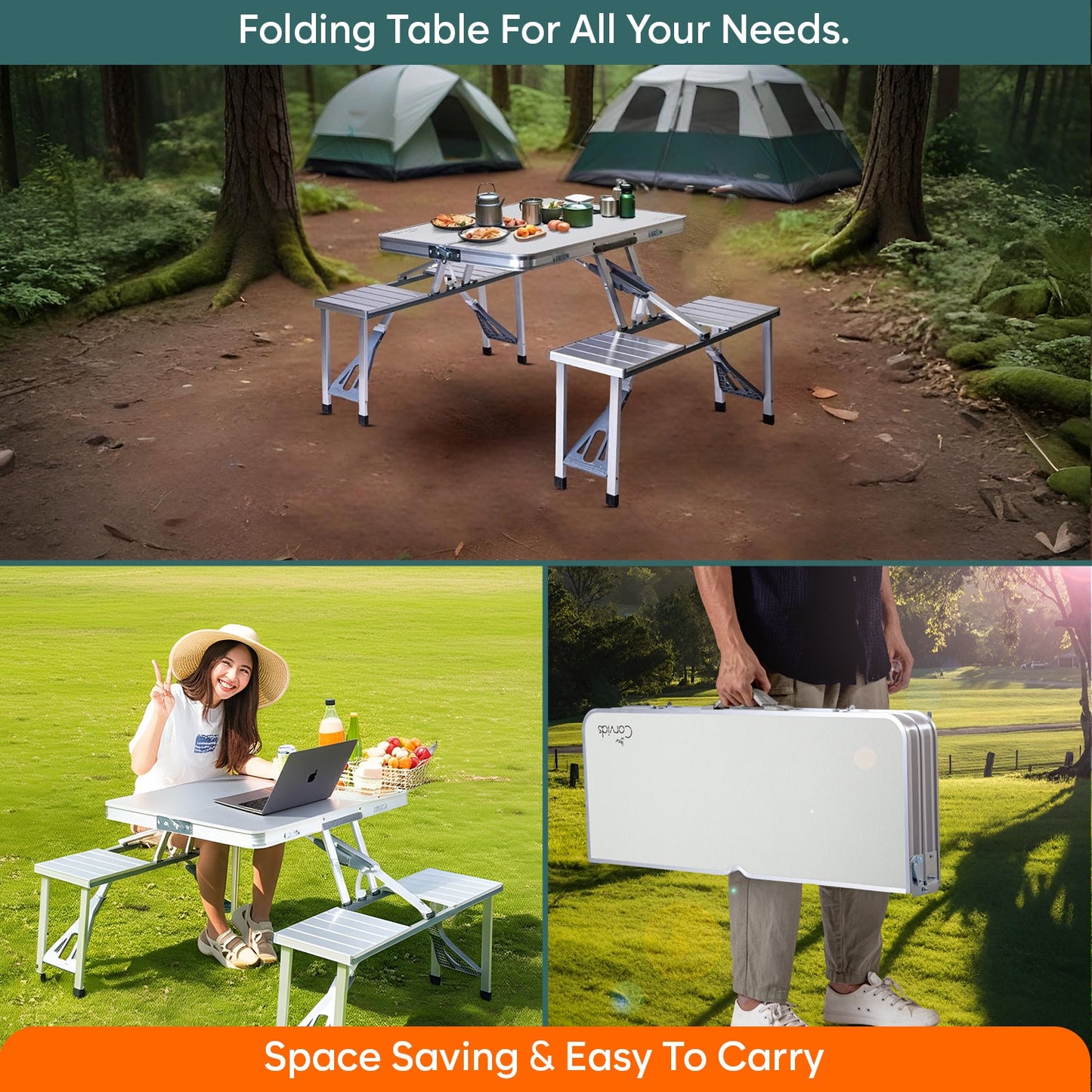 Folding All-in-One Aluminium Table & Chair Combo | Compact & Foldable Set for Camping, Picnic, Garden, Outdoor & Indoor Use (White)