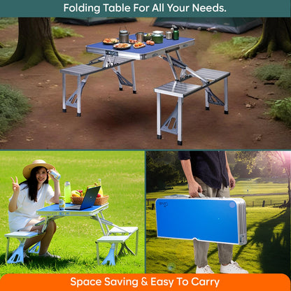 Folding All-in-One Aluminium Table & Chair Combo | Compact & Foldable Set for Camping, Picnic, Garden, Outdoor & Indoor Use (Blue)