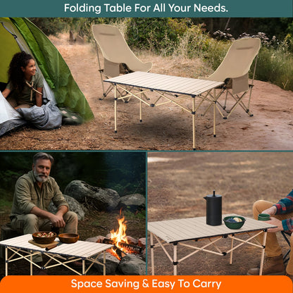 Multipurpose Folding Camping Table with Roll-up Tabletop | Compact & Portable | Best for Hiking, Picnic, Garden, BBQ & Outdoor Use (Khaki, Large)