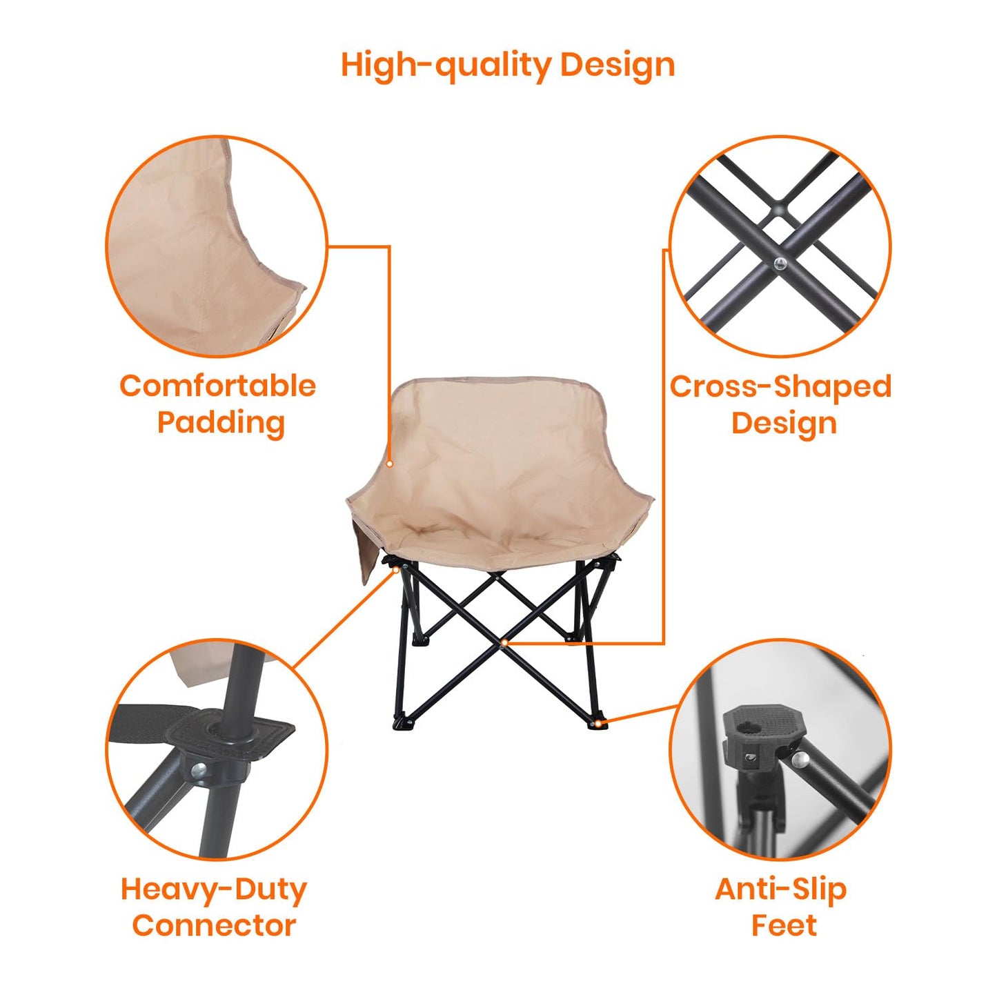 Foldable Camping Chair with Oxford Fabric | Comfortable & Lightweight Chair for Hiking, Picnic, Garden & Outdoor Use (Khaki, Large)