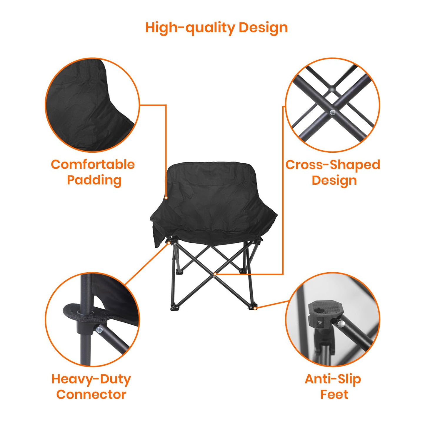 Foldable Camping Chair with Oxford Fabric | Comfortable & Lightweight Chair for Hiking, Picnic, Garden & Outdoor Use (Black, Large)
