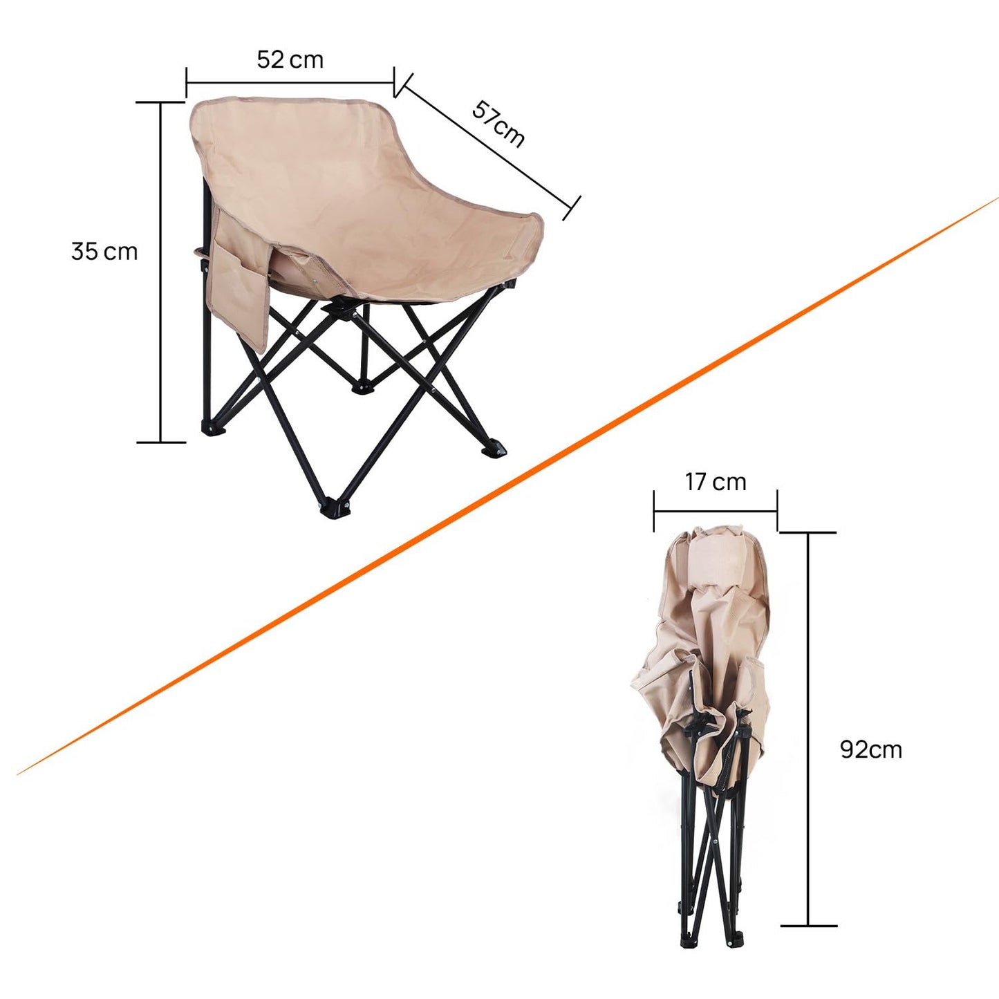 Foldable Camping Chair with Oxford Fabric | Comfortable & Lightweight Chair for Hiking, Picnic, Garden & Outdoor Use (Khaki, Large)