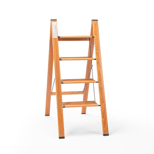 4-Steps Premium Folding Step Stool | 2-Year Warranty | Wide Anti-Slip Pedal, Portable Lightweight Aluminum Step Ladder for Home and Office Use (Teak)