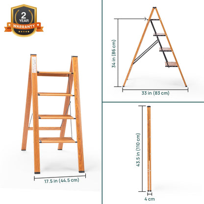 4-Steps Premium Folding Step Stool | 2-Year Warranty | Wide Anti-Slip Pedal, Portable Lightweight Aluminum Step Ladder for Home and Office Use (Teak)