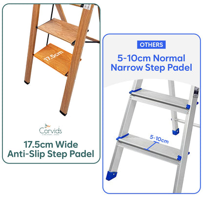 3-Steps Premium Folding Step Stool | 2-Year Warranty | Wide Anti-Slip Pedal, Portable Lightweight Aluminum Step Ladder for Home and Office Use (Teak)