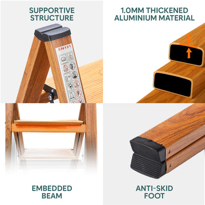 3-Steps Premium Folding Step Stool | 2-Year Warranty | Wide Anti-Slip Pedal, Portable Lightweight Aluminum Step Ladder for Home and Office Use (Teak)