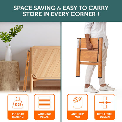 2-Steps Premium Folding Step Stool | 2-Year Warranty | Wide Anti-Slip Pedal, Portable Lightweight Aluminum Step Ladder for Home and Office Use (Teak)