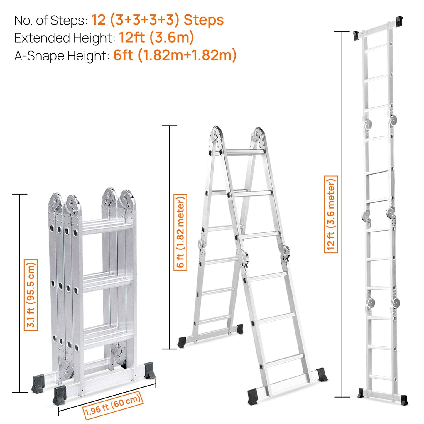 12 ft (12 Steps) Portable & Compact Folding Aluminium Multipurpose Super Step Ladder