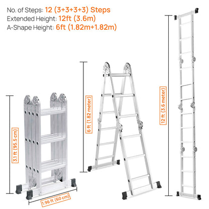 12 ft (12 Steps) Portable & Compact Folding Aluminium Multipurpose Super Step Ladder