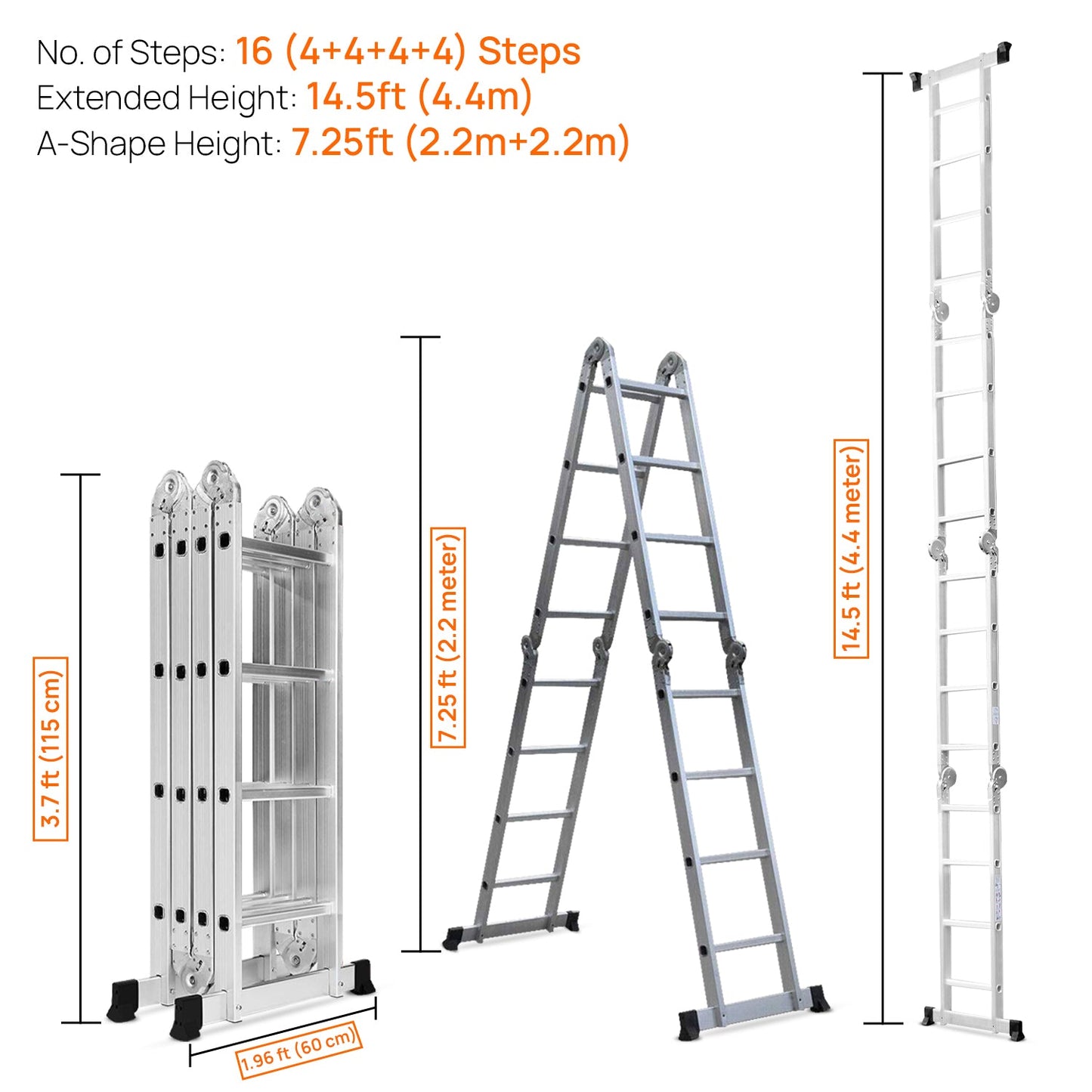14.5 ft (16 Steps) Portable & Compact Folding Aluminium Multipurpose Super Step Ladder