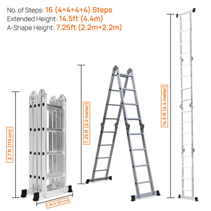 14.5 ft (16 Steps) Portable & Compact Folding Aluminium Multipurpose Super Step Ladder