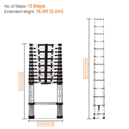 5.0m (16.5 ft) Portable & Compact Finger Protect Aluminium Telescopic Ladder