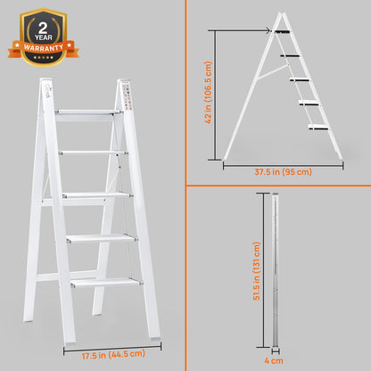 5-Steps Premium Folding Step Stool with 2-Year Warranty (White)