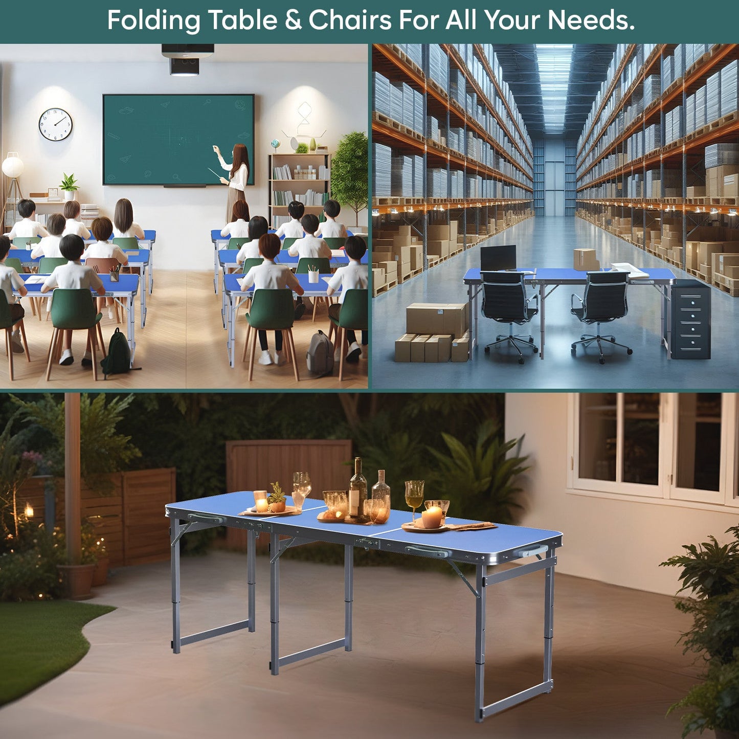 6 Feet Multipurpose Aluminium Folding Camping Table with Carrying Handle (Blue)