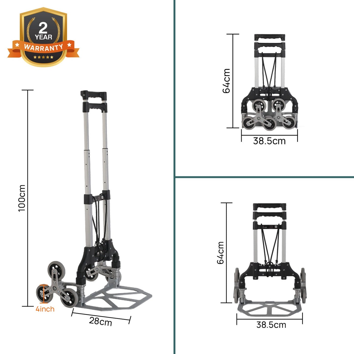 75 Kg Stairs Climbing Aluminium Hand Truck | Foldable & Lightweight Trolley with Tri-Wheel Design for Smooth Stair Movement | Portable Dolly Cart for Home, Office & Warehouse