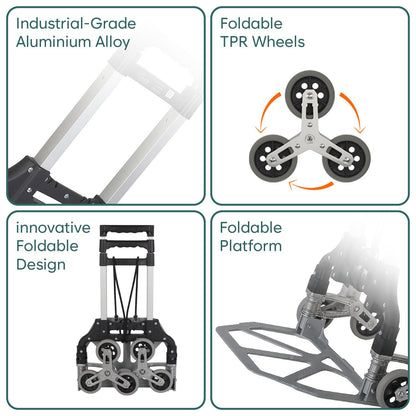 75 Kg Stairs Climbing Aluminium Hand Truck | Foldable & Lightweight Trolley with Tri-Wheel Design for Smooth Stair Movement | Portable Dolly Cart for Home, Office & Warehouse