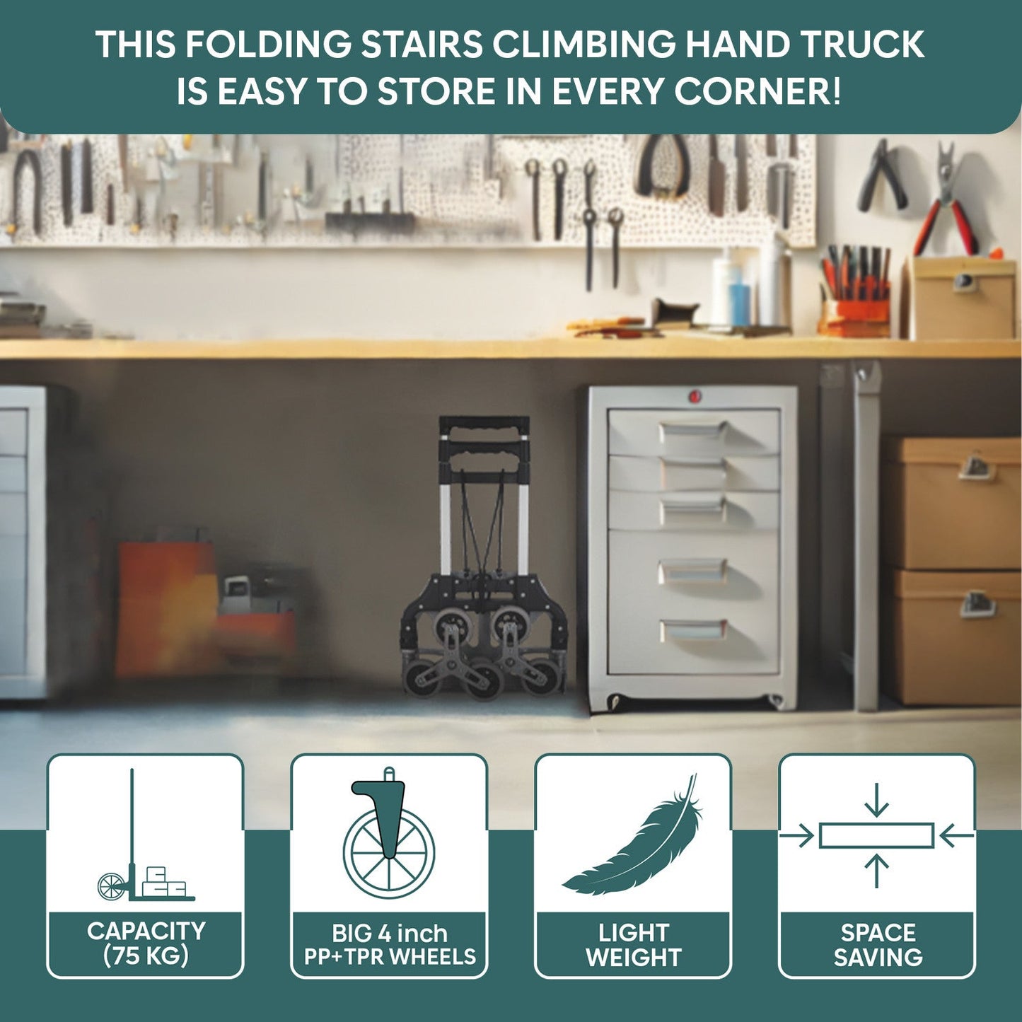 75 Kg Stairs Climbing Aluminium Hand Truck | Foldable & Lightweight Trolley with Tri-Wheel Design for Smooth Stair Movement | Portable Dolly Cart for Home, Office & Warehouse