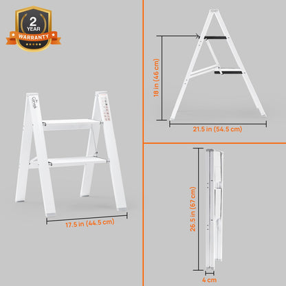 2-Steps Premium Folding Step Stool with 2-Year Warranty (White)