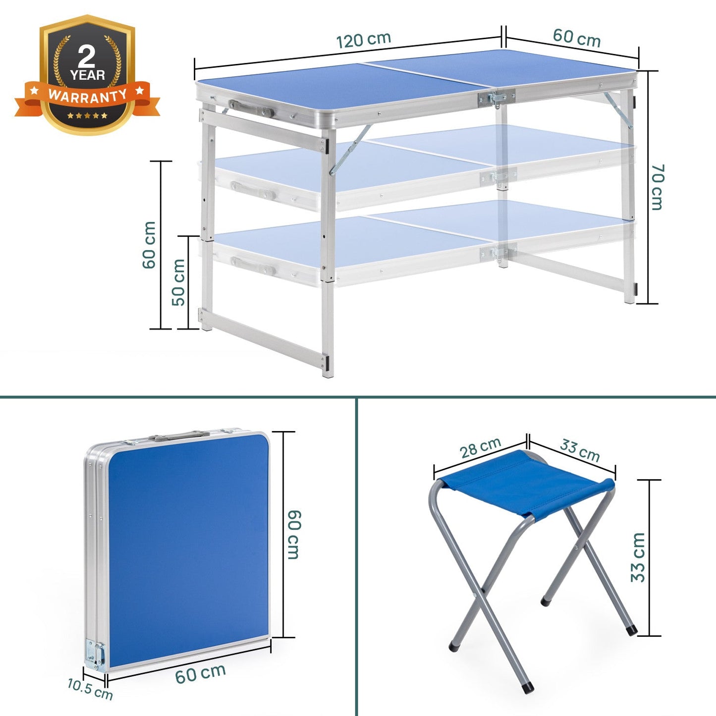 Height Adjustable Aluminium Folding Table with 4 Oxford Mat Chairs (Blue)