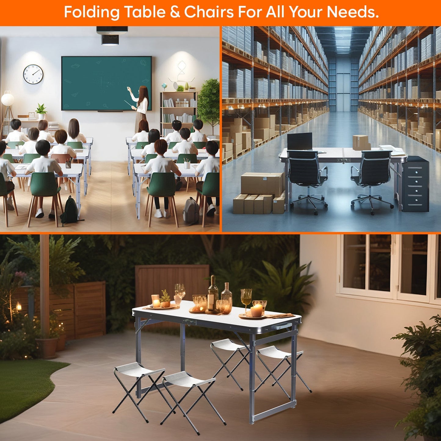4 Feet Height Adjustable Aluminium Folding Table with 4 Oxford Mat Chairs (White)