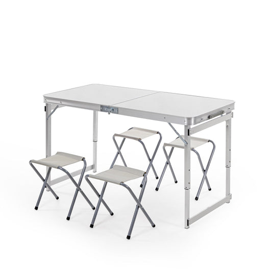 4 Feet Height Adjustable Aluminium Folding Table with 4 Oxford Mat Chairs (White)