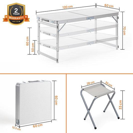 4 Feet Height Adjustable Aluminium Folding Table with 4 Oxford Mat Chairs (White)