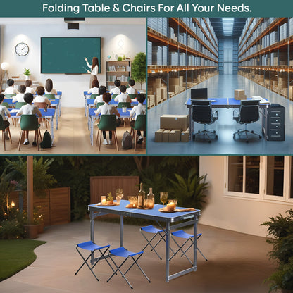 Height Adjustable Aluminium Folding Table with 4 Oxford Mat Chairs (Blue)