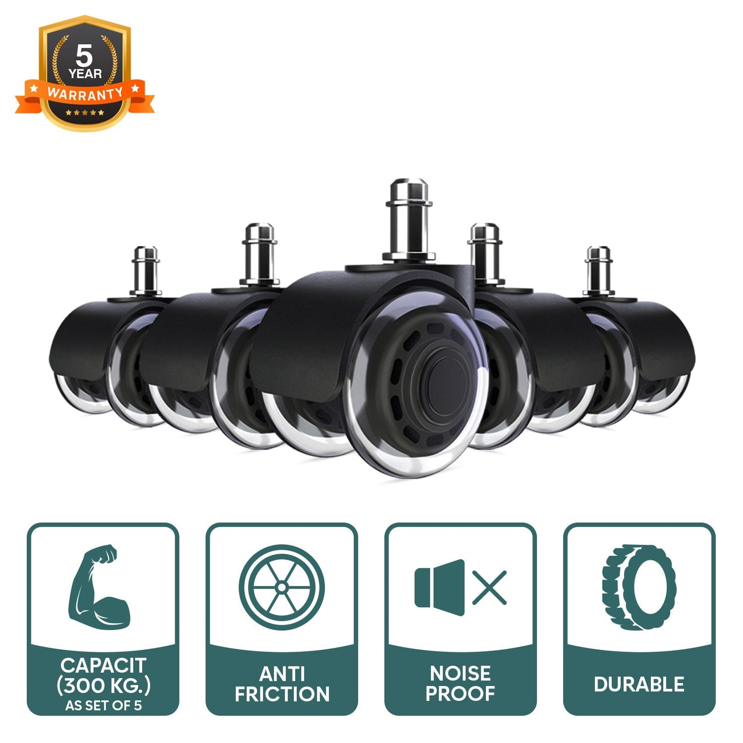 2-Inch Universal Fit Dual Caster Wheels | Rollerblade Type PU Rubber Office Chair Replacement, Safe for All Kinds Floors (Stem Size 11/22 mm) – Set of 5