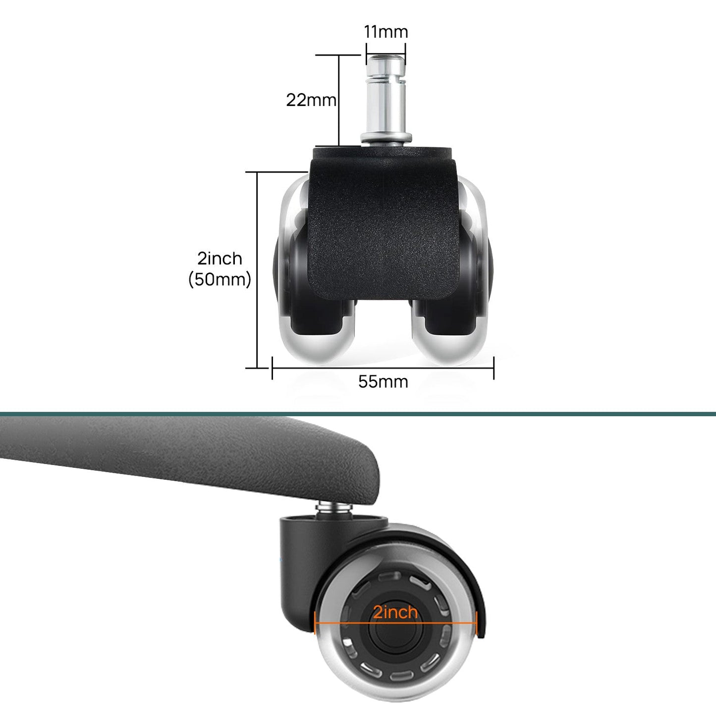2-Inch Universal Fit Dual Caster Wheels | Rollerblade Type PU Rubber Office Chair Replacement, Safe for All Kinds Floors (Stem Size 11/22 mm) – Set of 5